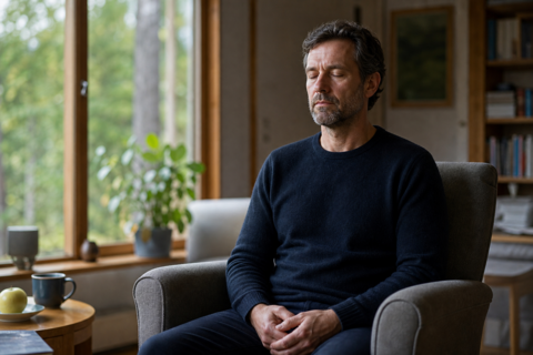 A man meditating in a quiet retreat room